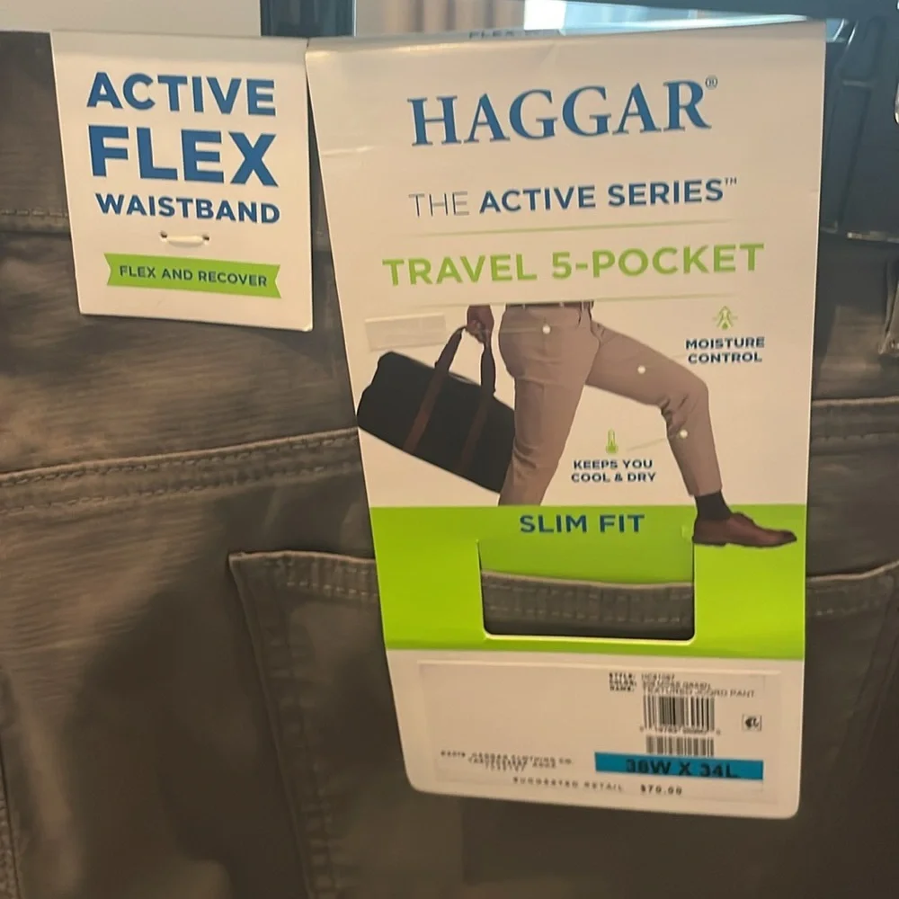 Haggar active series pants NWT travel 5 pocket slim 36x34 green khaki-olive flex
